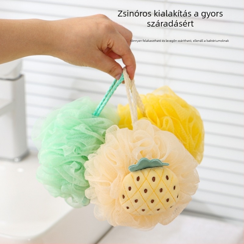 Koreai gyümölcsös stílusú ultra-soft fürdőgolyó, virág alakú, gyengéd dörzsöléshez, aranyos mesefilm-dizájn