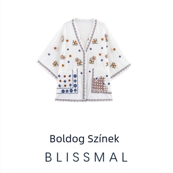 Női ing pamut-poliészter keverékből, virágos hímzéssel, V-nyakú, 3/4-es ujjú, bő szabás