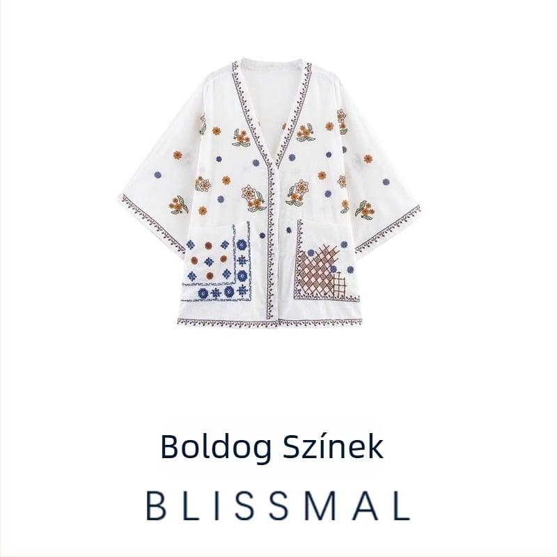 Női ing pamut-poliészter keverékből, virágos hímzéssel, V-nyakú, 3/4-es ujjú, bő szabás