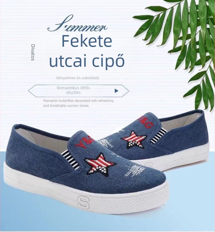 Női denim slip-on platform cipő, kerek orr, légáteresztő, alacsony felső rész, műanyag talp