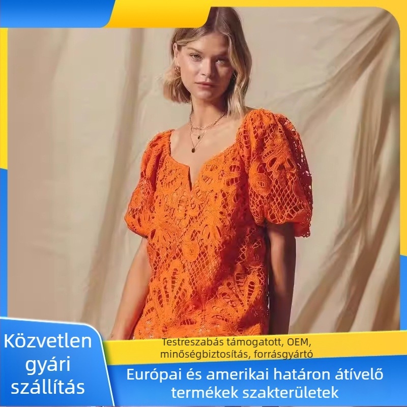 Női blúz csipkés kivágott virágmintás, hullámvonalas gallér, puffos ujjak, poliészter anyag, laza szabás