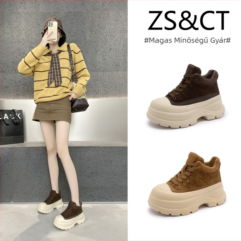 Női bőrből készült magasságot növelő casual cipő, fűzős, kerek orrú, középső szár, EVA talp 6 cm