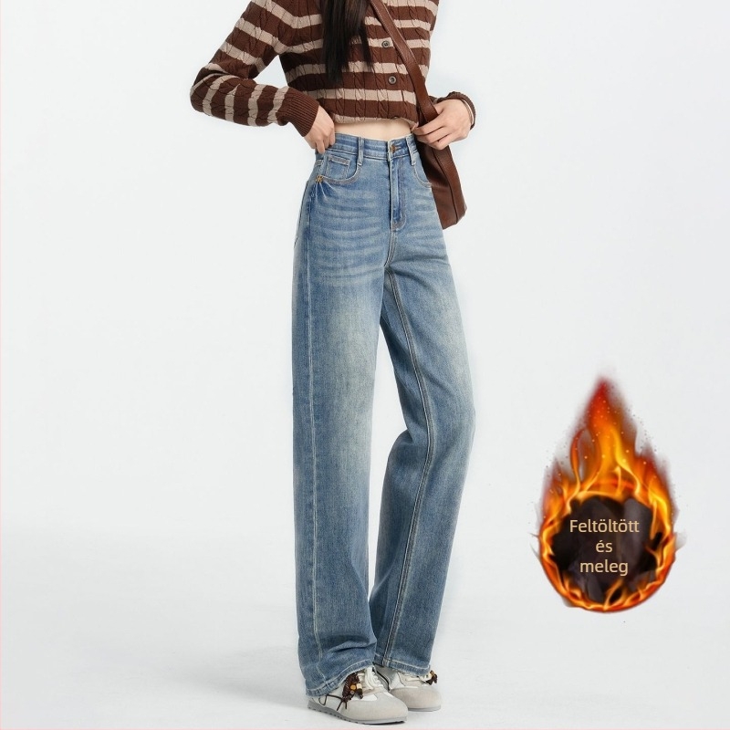 Denim nadrág női, magas derékkal és fleece bélés, hosszú, egyenes szárú