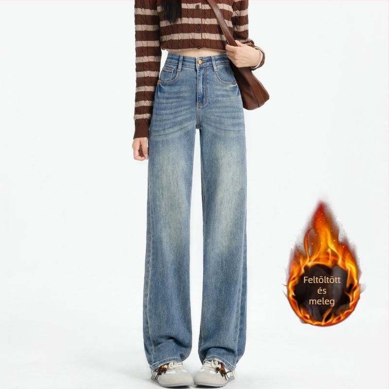 Denim nadrág női, magas derékkal és fleece bélés, hosszú, egyenes szárú