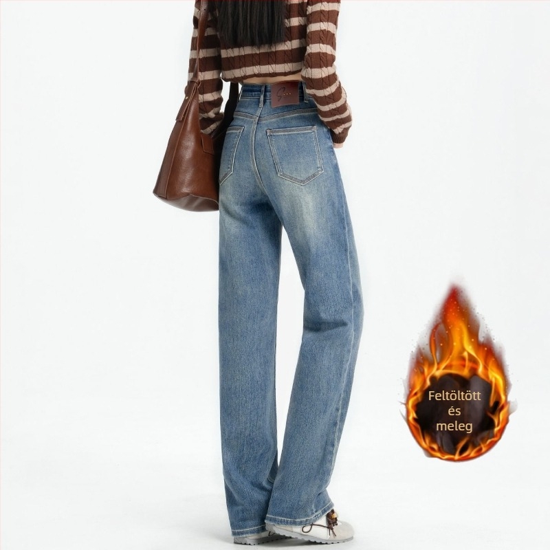 Denim nadrág női, magas derékkal és fleece bélés, hosszú, egyenes szárú