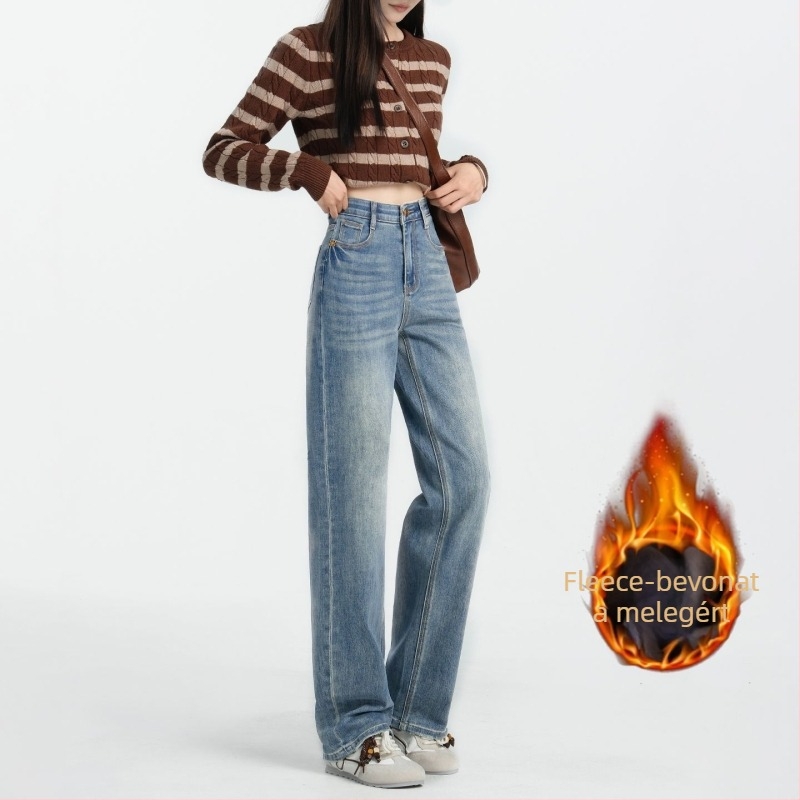 Denim nadrág női, magas derékkal és fleece bélés, hosszú, egyenes szárú