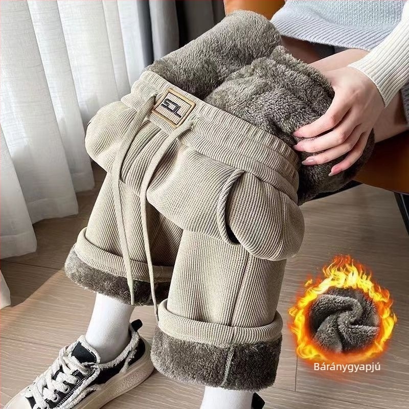 Női farmernadrág fleece-béléssel, ultra vastag, széles szárú, laza szabású, ősz-télre