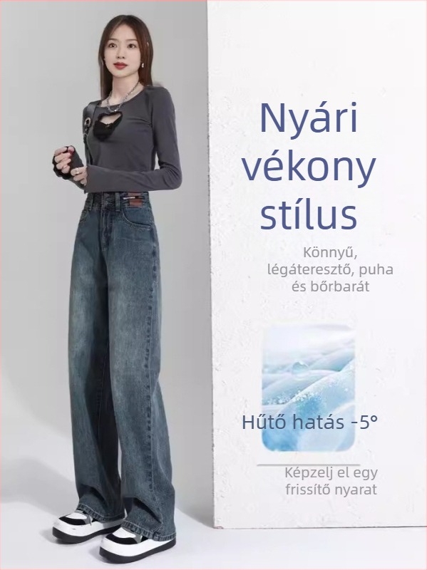 Női egyenes szabású farmernadrág, magas derék, széles szárú, vékony anyag, tavasz-nyár
