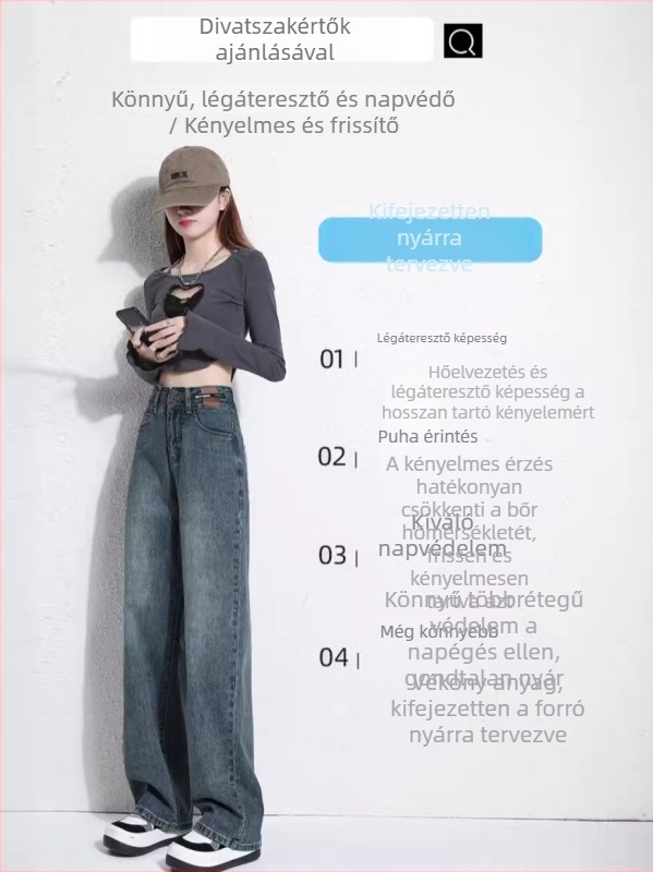 Női egyenes szabású farmernadrág, magas derék, széles szárú, vékony anyag, tavasz-nyár