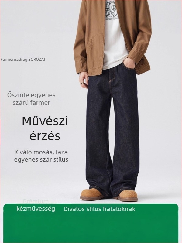 Férfi denimnadrág, egyenes szárú, fleece-béléssel, középmagasságú derék, cipzáras zárás