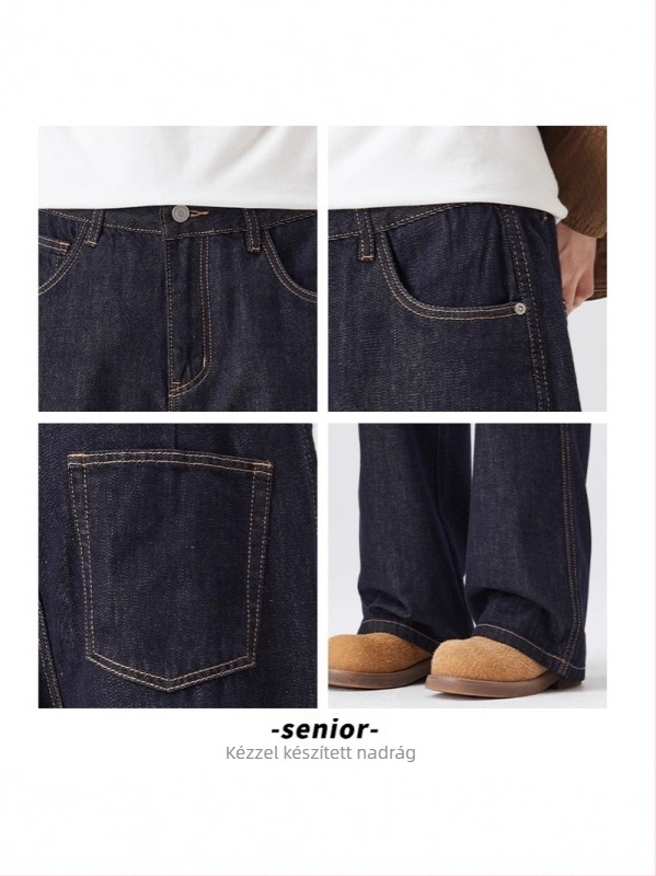 Férfi denimnadrág, egyenes szárú, fleece-béléssel, középmagasságú derék, cipzáras zárás
