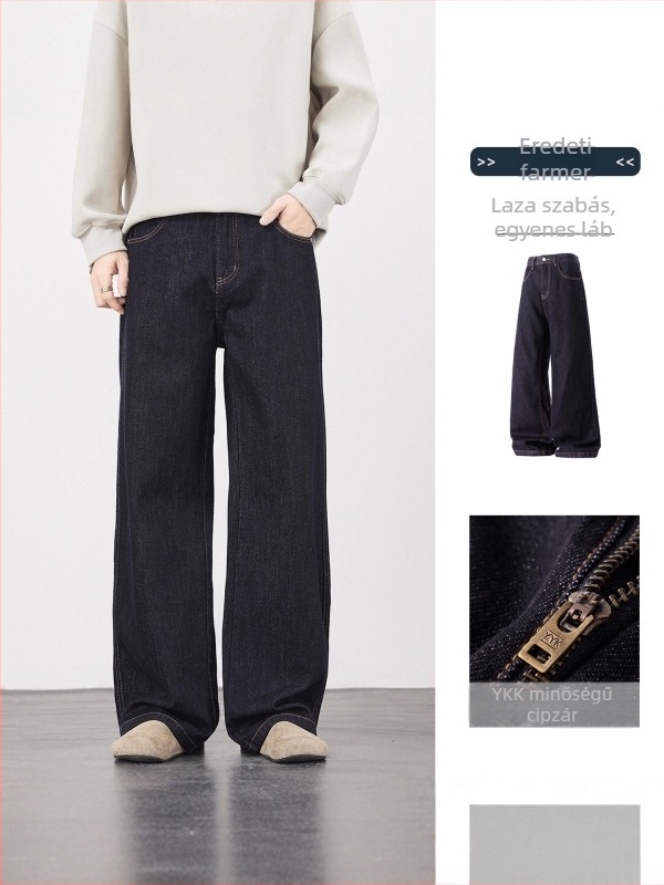 Férfi denimnadrág, egyenes szárú, fleece-béléssel, középmagasságú derék, cipzáras zárás