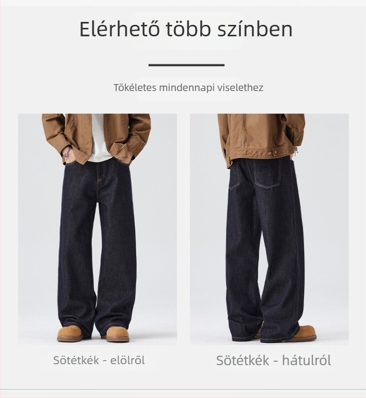 Férfi denimnadrág, egyenes szárú, fleece-béléssel, középmagasságú derék, cipzáras zárás