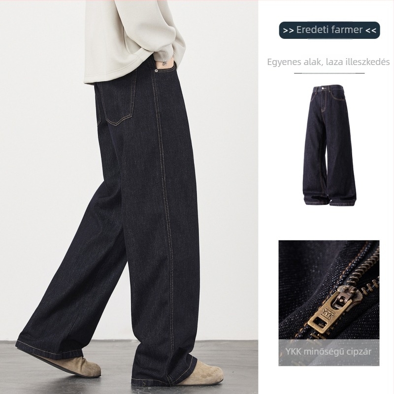 Férfi denimnadrág, egyenes szárú, fleece-béléssel, középmagasságú derék, cipzáras zárás