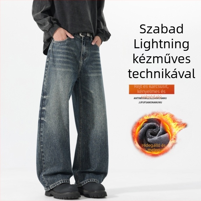 Férfi fleece-szövésű denim nadrág, középmagas derék, cipzáras zárás, laza, egyenes szabás, pamut denim