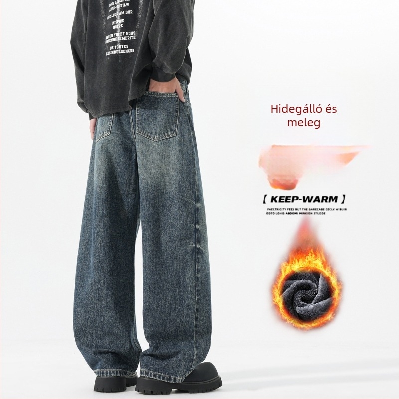 Férfi fleece-szövésű denim nadrág, középmagas derék, cipzáras zárás, laza, egyenes szabás, pamut denim