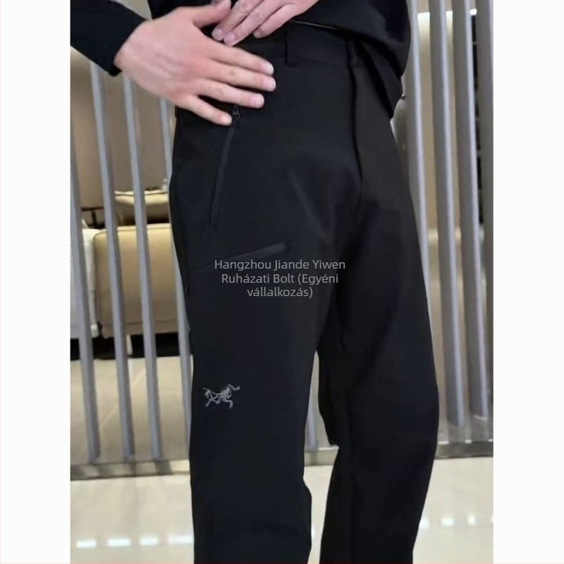 Férfi softshell nadrág fleece-béléssel, egyenes szabású, téli kültéri mindennapi viselet, hímzéssel