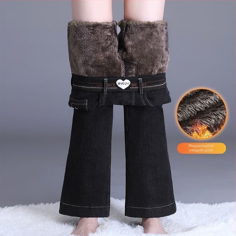Női farmer nadrág fleece bélésével, vastag, kissé bővülő szárú, magas derekú, elasztikus, őszi-téli meleg harangszárú farmer