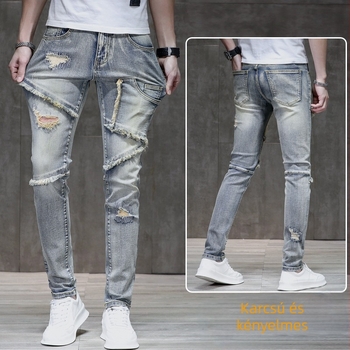 Férfi slim-fit denim nadrág distressed hatással és nyers éllel, 90% pamut, stretch, középső derék, cipzáras záródás, több zseb