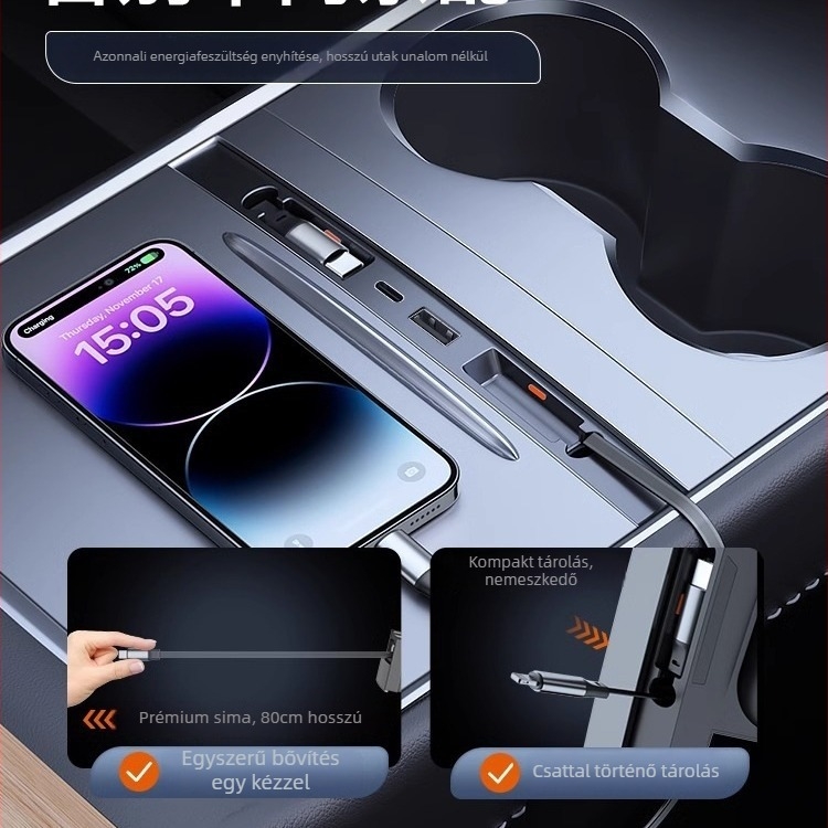 Tesla Model Y központi konzol USB 3.0 töltőadapter-kábel, ABS anyag, modell Tz00102, Snap-on szerelés