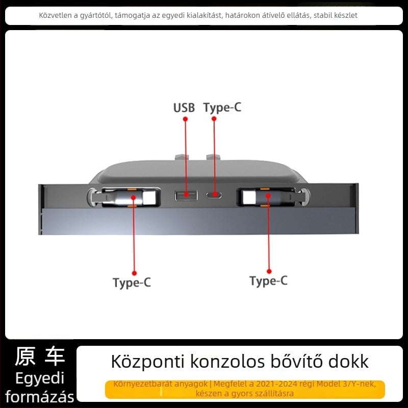 Tesla Model Y központi konzol USB 3.0 töltőadapter-kábel, ABS anyag, modell Tz00102, Snap-on szerelés