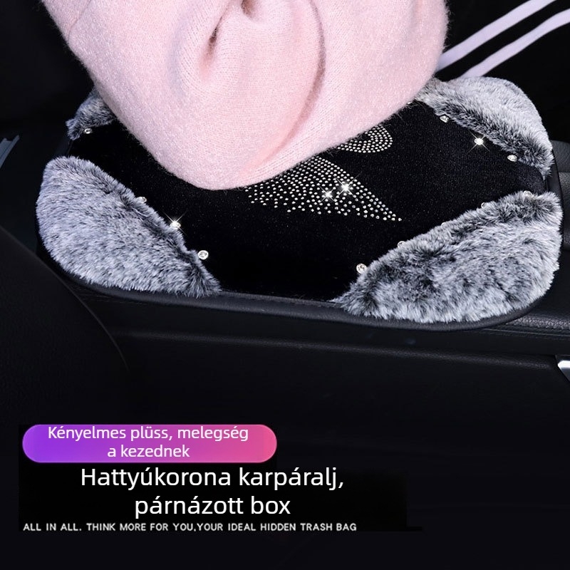 Autó karfa párna textil anyagból téli plüss és strasszos díszítéssel, modell 0321