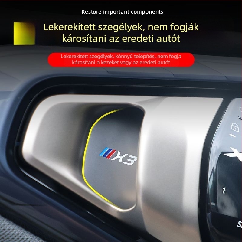 BMW X3 belső ajtó fogantyúja körüli védő matrica, rozsdamentes acélból, modell tn-521, ragasztóval történő felhelyezés, illeszkedik az ajtó belső paneljéhez