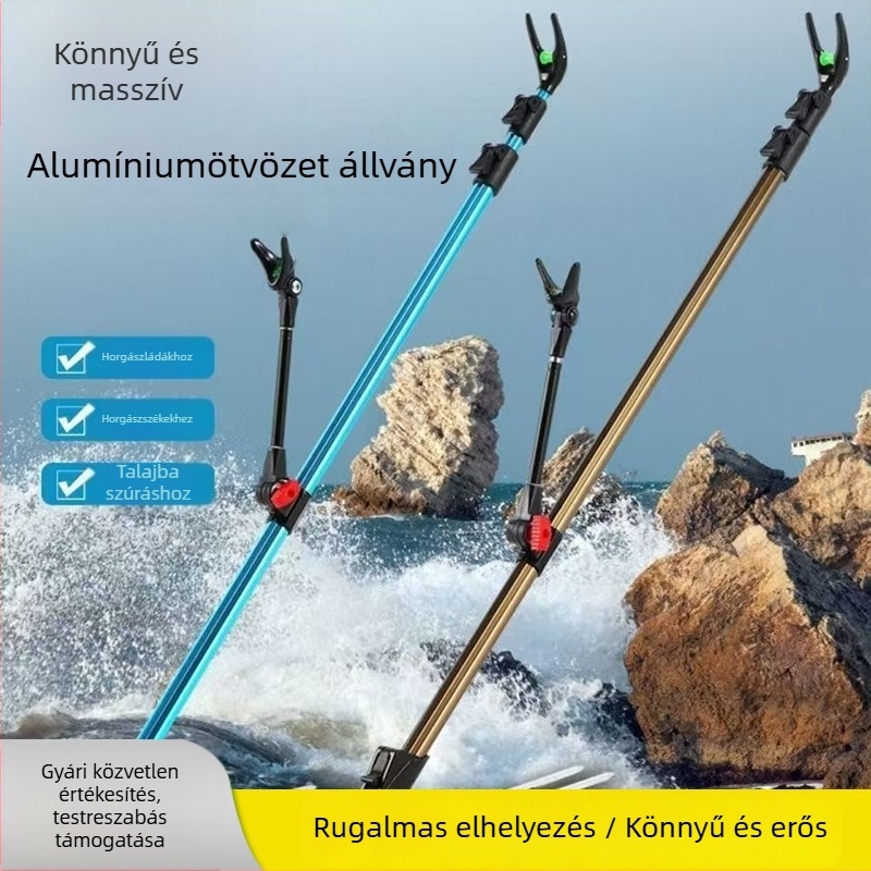Rozsdamentes acél és alumínium ötvözetű horgászbot-tartó talajba szúrt állvánnyal, hordozható
