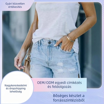 Női farmer rövidnadrág - magas derekú, háromnegyedes hossz, repesztett részletek, pamut 70–80%, mikroelasztikus