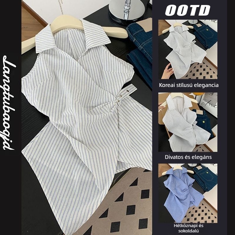 Ujjatlan blúz polo gallérral, A-vonalú szabású Vinylon-Spandex anyag