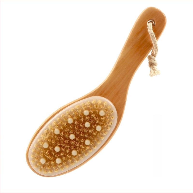 Fürdő- és masszázsecset csirke láb formájú ívelt nyéllel, lotusz sörtékkel, hámlasztó masszázs puha szálakkal