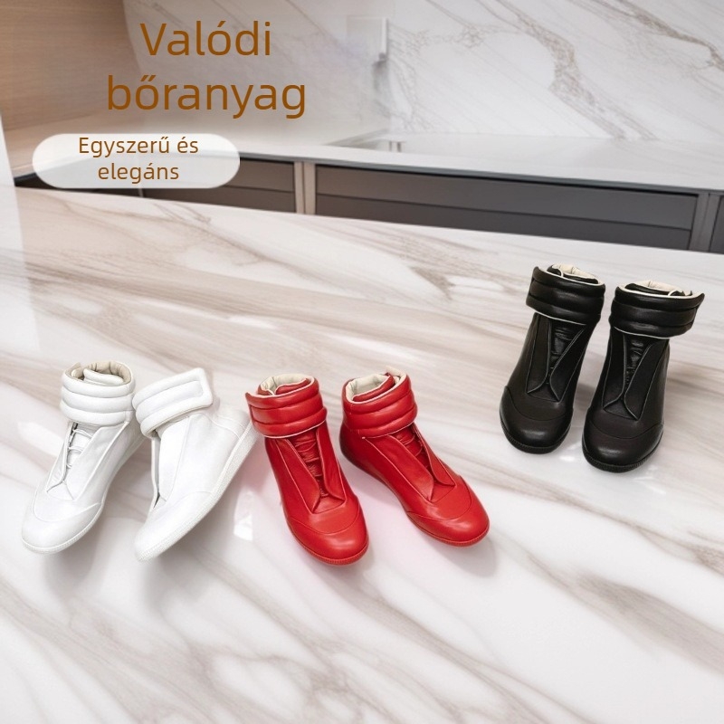 Uniszex magas talpú sportcipő marhabőrből, Velcro-zárás, PU középtalp, csúszásmentes gumitalp, báránybőr belső