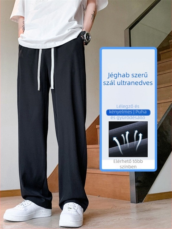 Férfi streetwear laza szabású egyenes sportnadrág, középmagas derékkal, öv és húzózár