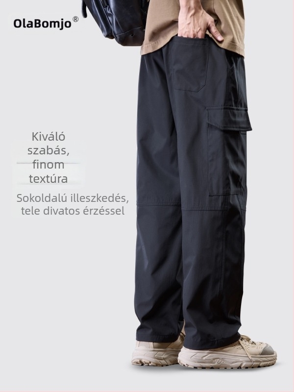 Férfi őszi-téli casual nadrág, egyenes szabású, szövött anyag, gyűrődésálló, egyszínű, hosszú, középmagas derék, öv nélkül, kötözős zárás