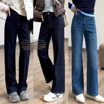 Négyirányban elasztikus denim farmer, magas derekú, szűk-táguló lábszár, egyenes szabású hosszú nadrág, két hosszúságban