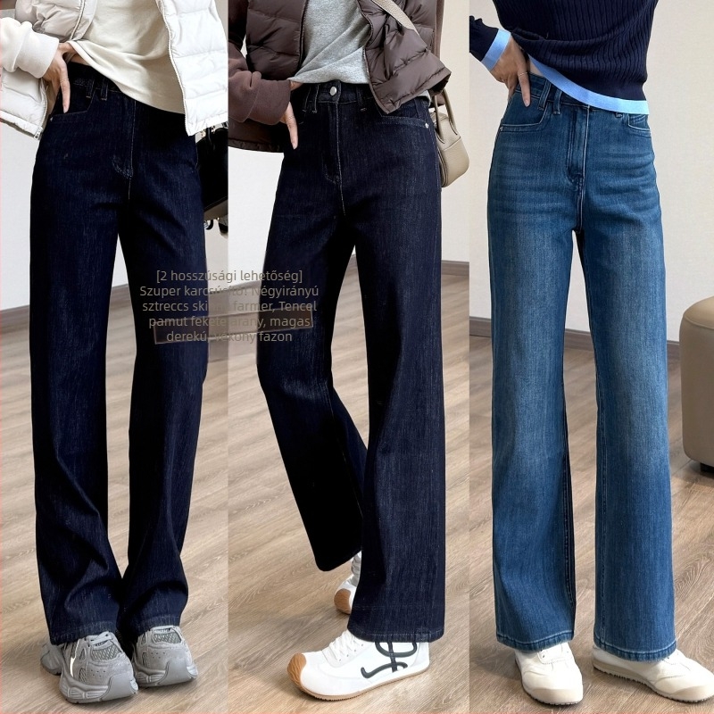 Négyirányban elasztikus denim farmer, magas derekú, szűk-táguló lábszár, egyenes szabású hosszú nadrág, két hosszúságban