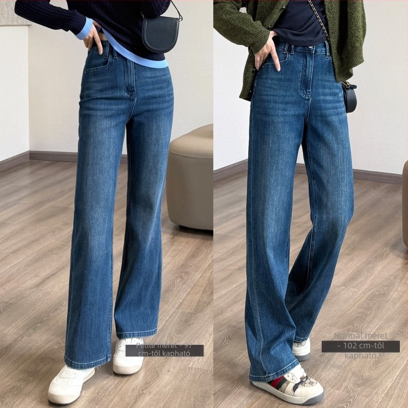 Négyirányban elasztikus denim farmer, magas derekú, szűk-táguló lábszár, egyenes szabású hosszú nadrág, két hosszúságban
