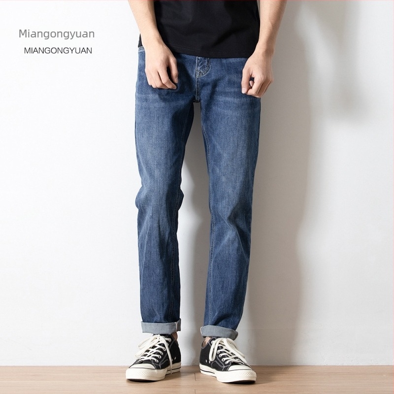 Férfi pamut farmer – egyenes, slim-fit, középmagasságú derék, kék, fleece-beléssel, 2024 ősz-tél