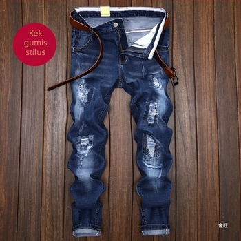 Férfi farmernadrág térdről repedéses, európai és amerikai stílusú, karcsú szabás, patchwork részletek, elasztikus denim