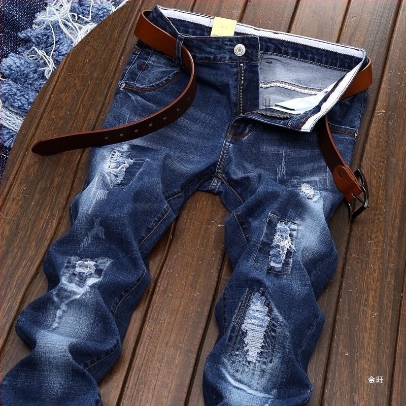 Férfi farmernadrág térdről repedéses, európai és amerikai stílusú, karcsú szabás, patchwork részletek, elasztikus denim