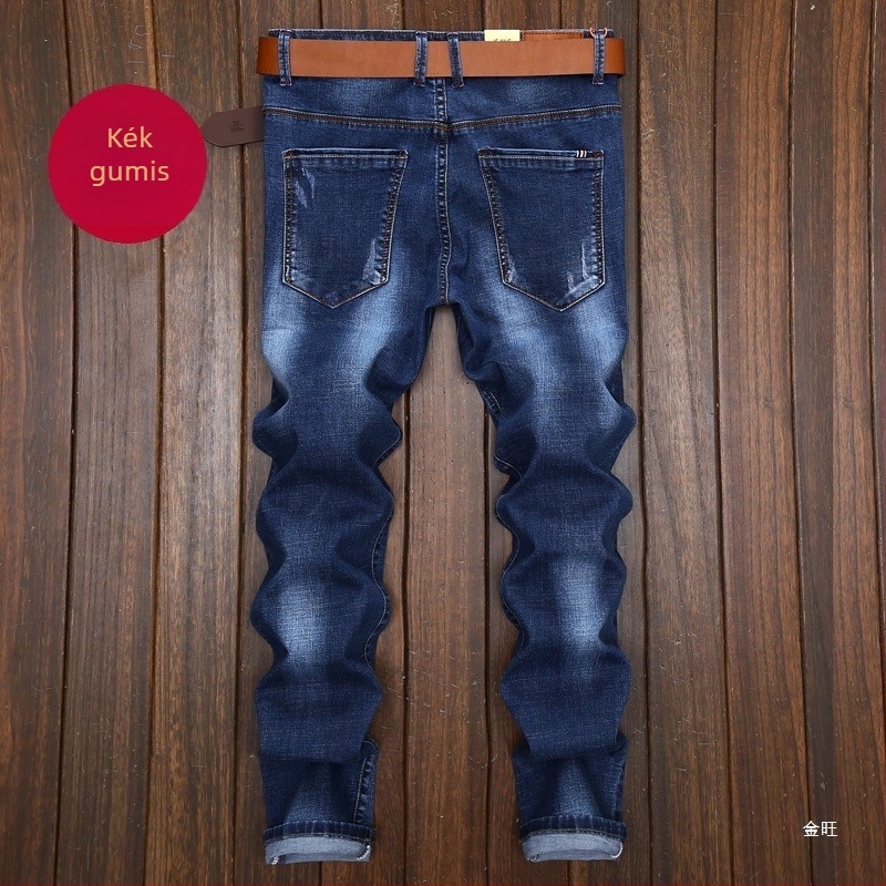 Férfi farmernadrág térdről repedéses, európai és amerikai stílusú, karcsú szabás, patchwork részletek, elasztikus denim