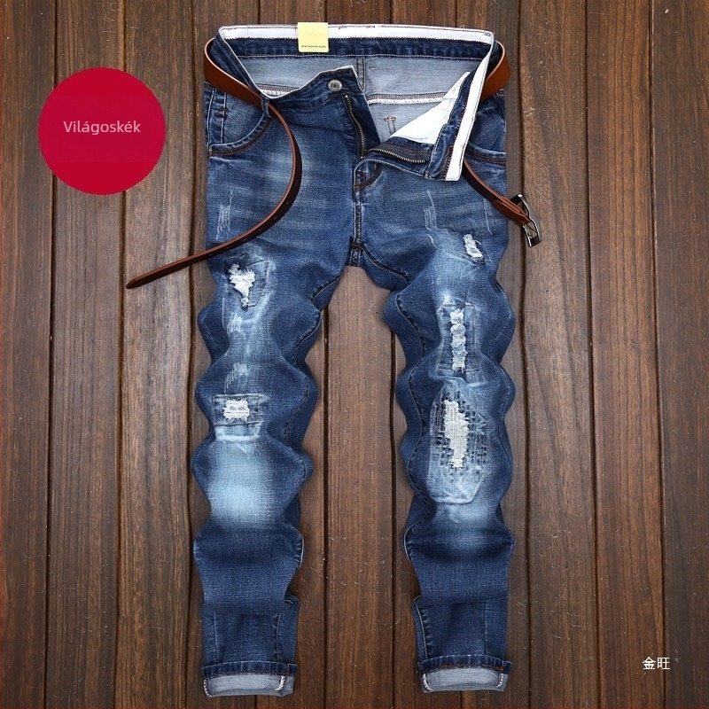 Férfi farmernadrág térdről repedéses, európai és amerikai stílusú, karcsú szabás, patchwork részletek, elasztikus denim