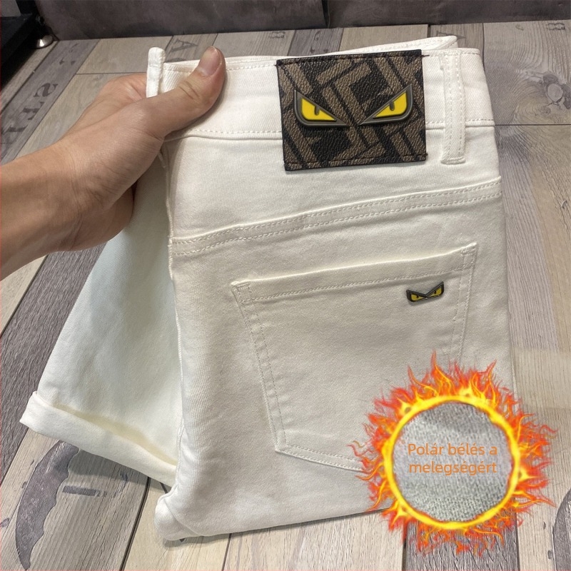 Férfi fehér denim nadrág, slim fit, hímzett, prémium dizájn, elasztikus, keskeny szár