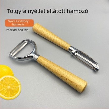 Multifunkcionális cinkötvözetből készült hántoló tölgyfa fogantyúval — hántolás, kaparó, gyümölcs- és zöldségpucoló, dinnyepucoló; logó nyomtatás; testreszabás elérhető