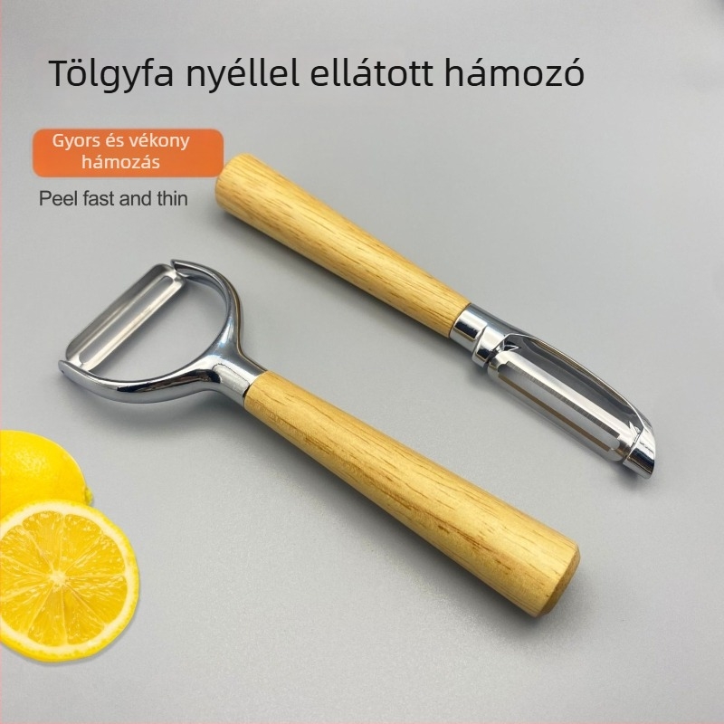 Multifunkcionális cinkötvözetből készült hántoló tölgyfa fogantyúval — hántolás, kaparó, gyümölcs- és zöldségpucoló, dinnyepucoló; logó nyomtatás; testreszabás elérhető