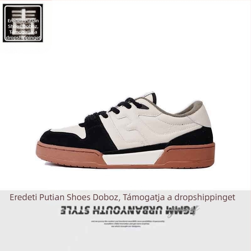 Uniszex valódi bőr tornacipő, retro stílus, alacsony szár, fűzős záródás, gumitalp, kopásálló, paneles dizájn, 2025 tavaszi megjelenés.