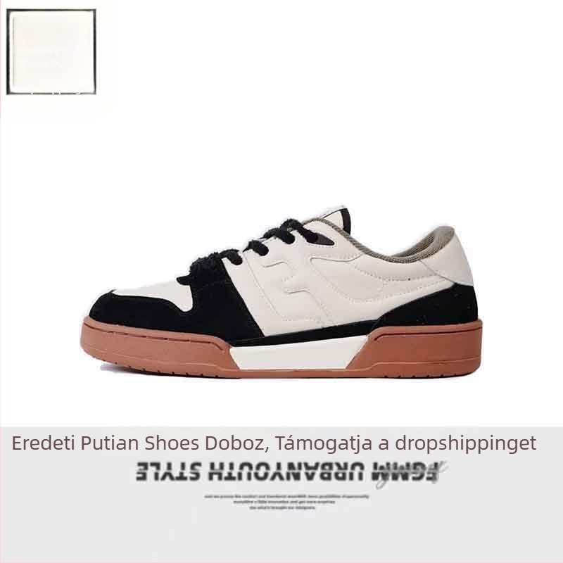 Uniszex valódi bőr tornacipő, retro stílus, alacsony szár, fűzős záródás, gumitalp, kopásálló, paneles dizájn, 2025 tavaszi megjelenés.