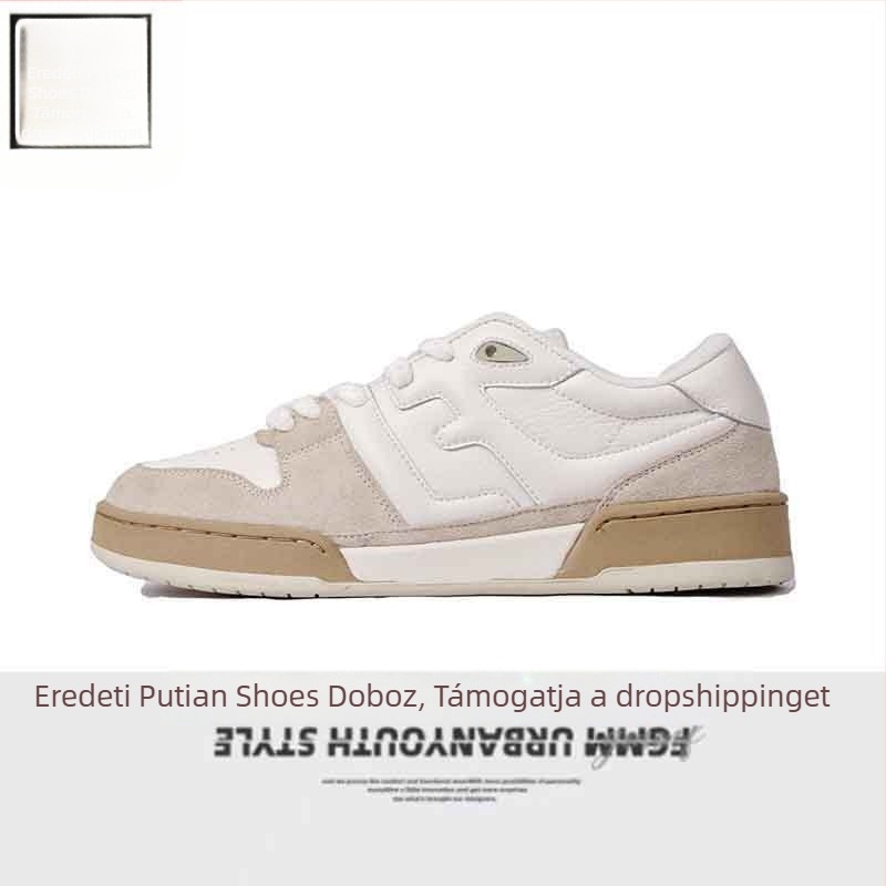Uniszex valódi bőr tornacipő, retro stílus, alacsony szár, fűzős záródás, gumitalp, kopásálló, paneles dizájn, 2025 tavaszi megjelenés.