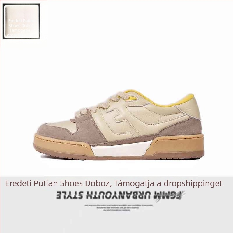 Uniszex valódi bőr tornacipő, retro stílus, alacsony szár, fűzős záródás, gumitalp, kopásálló, paneles dizájn, 2025 tavaszi megjelenés.