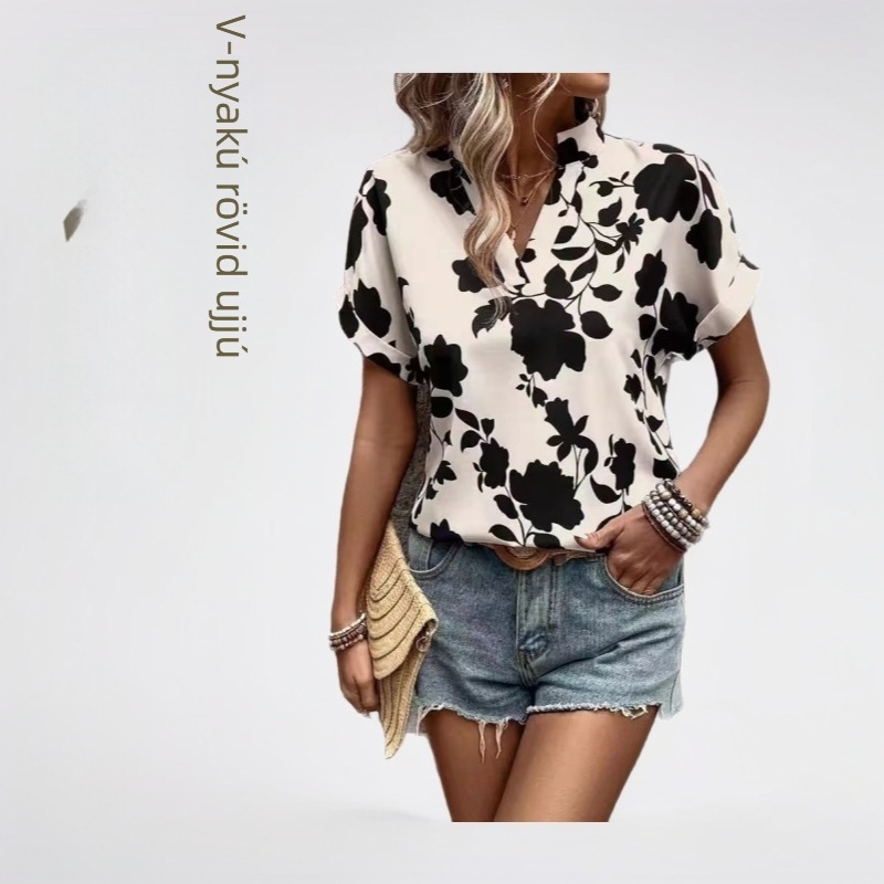 Női virágmintás V-nyakú rövidujjú inget, poliészter-elasztán keverék, pull-over stílusú, nyár 2025